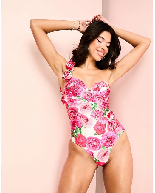ASOS Luxe one shoulder corseted swimsuit with tulle corsage detail in rose floral print-
