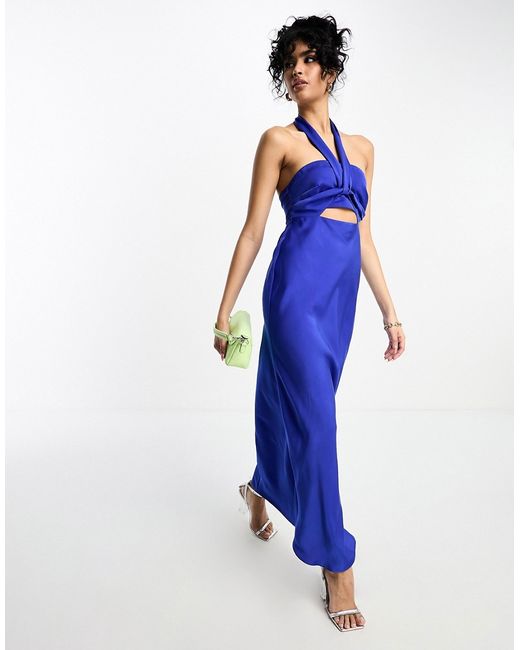 Asos Design satin halterneck twist maxi dress with cut out front in