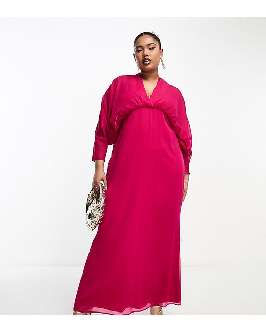 Asos Design Curve exclusive chiffon batwing sleeve maxi dress in hot