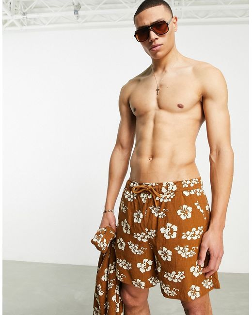 Asos Design wide linen shorts in mid length with floral print part of a set