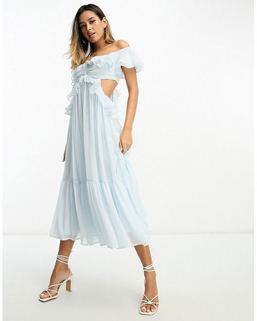 Asos Design ruffle cut-out off-the-shoulder midi dress in soft