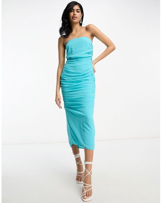 Pretty Lavish ruched bandeau midaxi dress in turquoise-