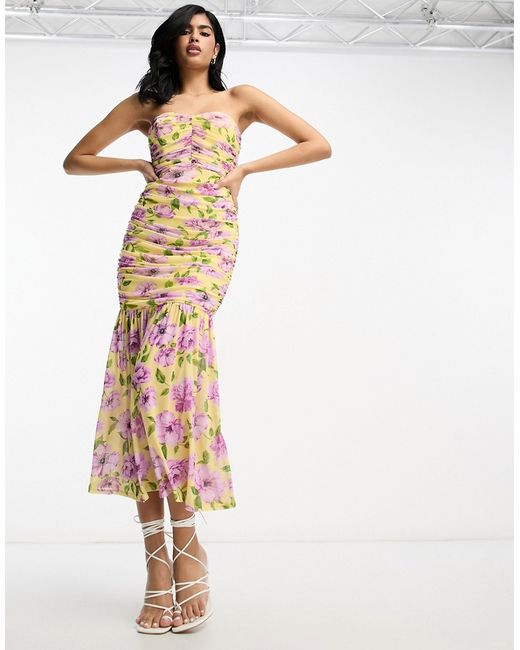 Asos Design mesh ruched body-conscious bandeau flared hem midi dress in floral print-