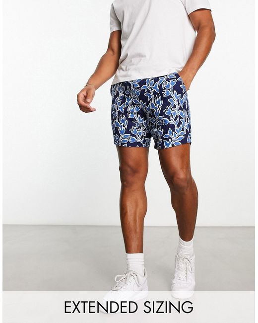 Asos Design slim fit linen shorts in mid length blue floral-