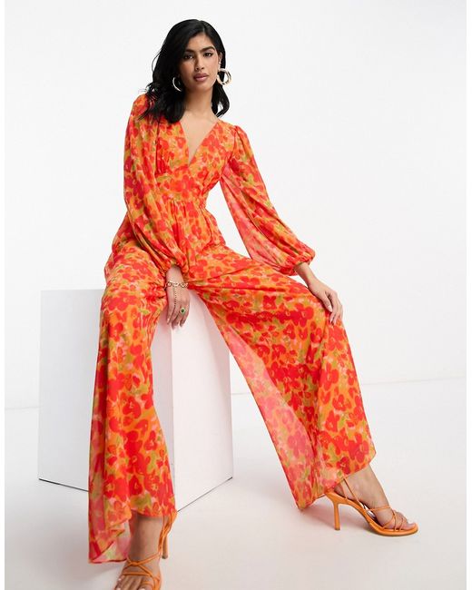 Pretty Lavish wide leg jumpsuit in red and floral