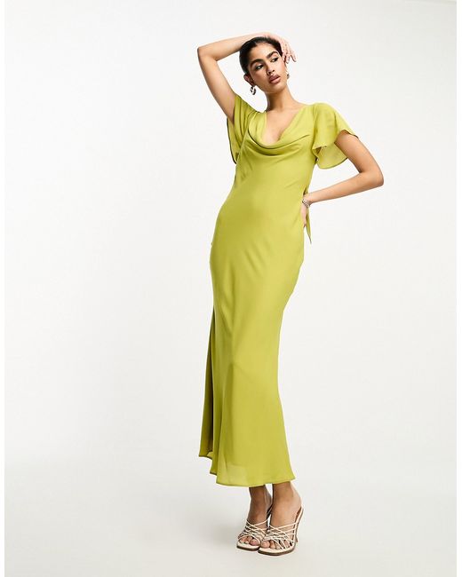 Asos Design flutter sleeve cowl neck midi dress in olive-