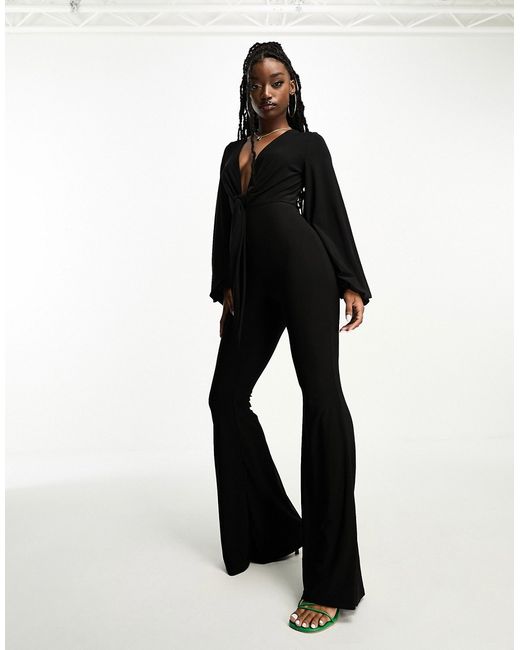 Asos Design glam plunge tie front jumpsuit in slinky
