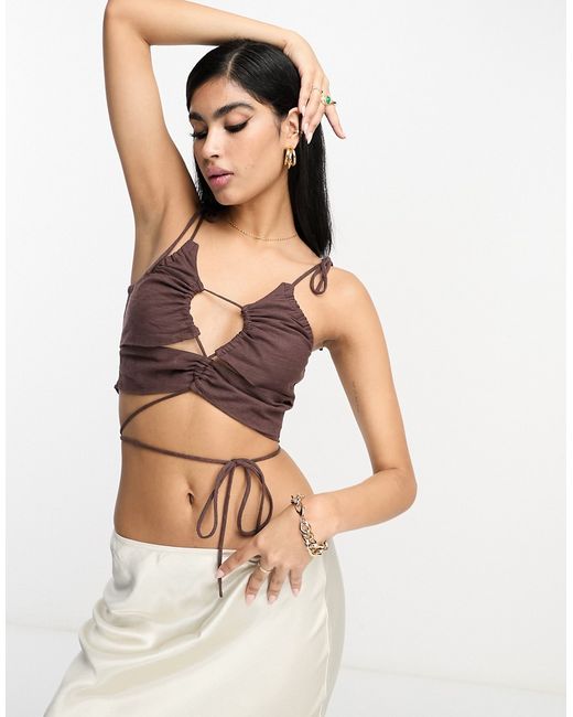 Asos Design ruched keyhole strappy crop top with tie shoulder detail in chocolate-
