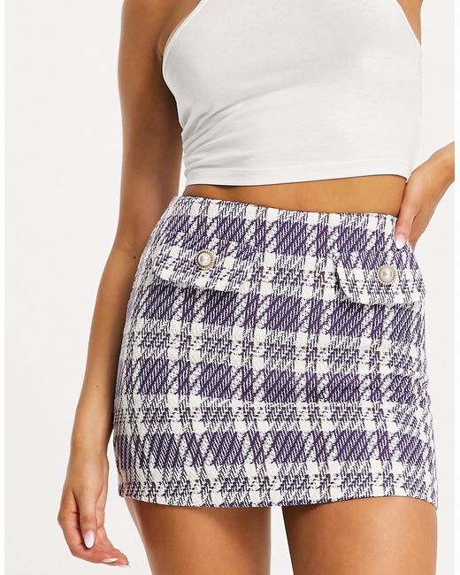 Asos Design boucle mini skirt with button detail in lilac plaid-