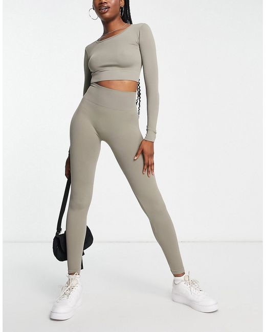 Pull & Bear seamless ribbed legging in taupe part of a set-