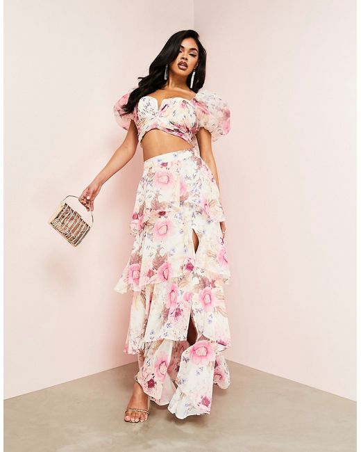 ASOS Luxe ruched wrap tiered maxi skirt in floral print part of a set-