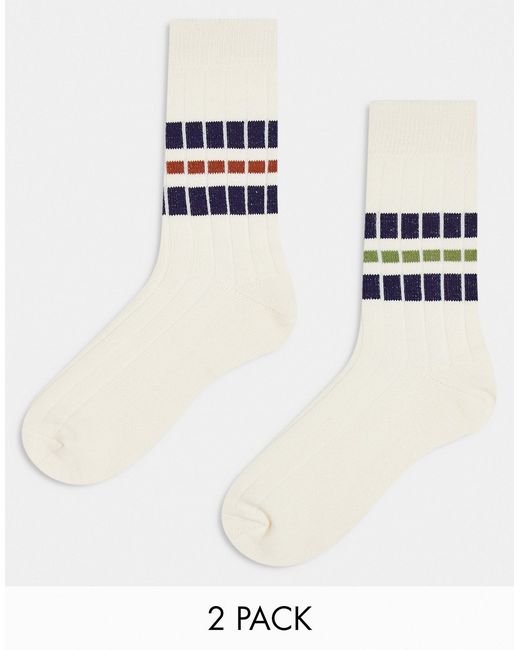 Asos Design 2 pack wide ribbed socks in off with stripes