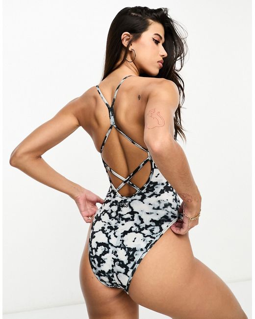 Asos 4505 active swimsuit with strappy back in inky mono print-