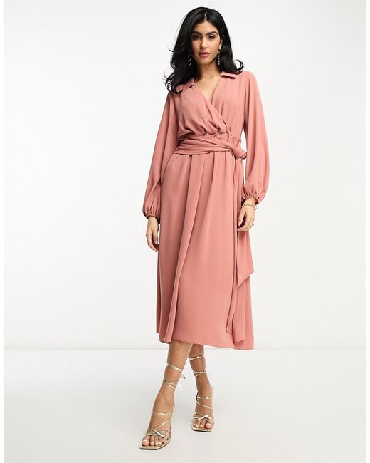 Asos Design wrap front collar long sleeve midi dress with tie waist in terracotta-