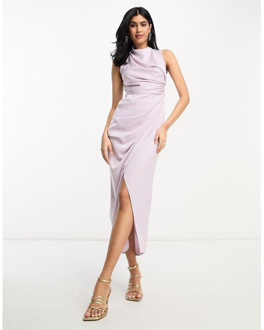 Asos Design satin drape dress with wrap skirt in lilac-