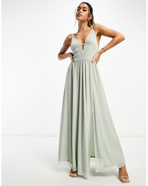 Asos Design cami ruched lace up back maxi dress in sage