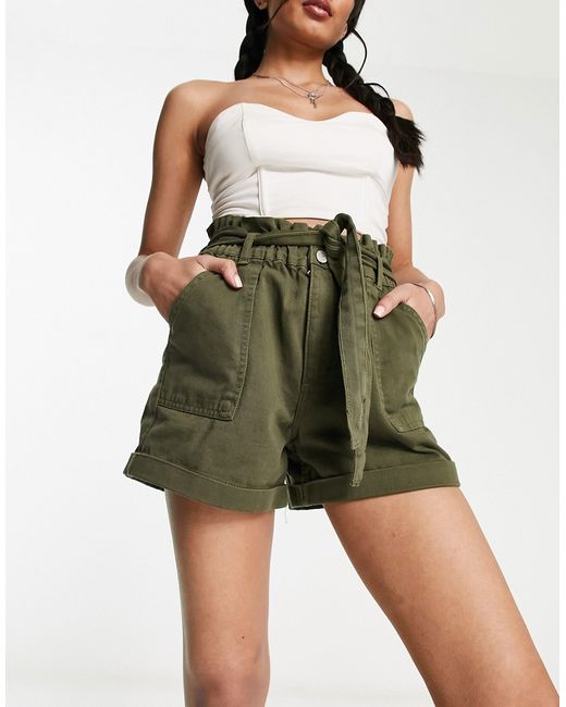 New Look paperbag shorts in dark khaki-