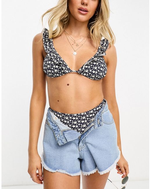 Other Stories ruffle triangle bikini top in navy floral-