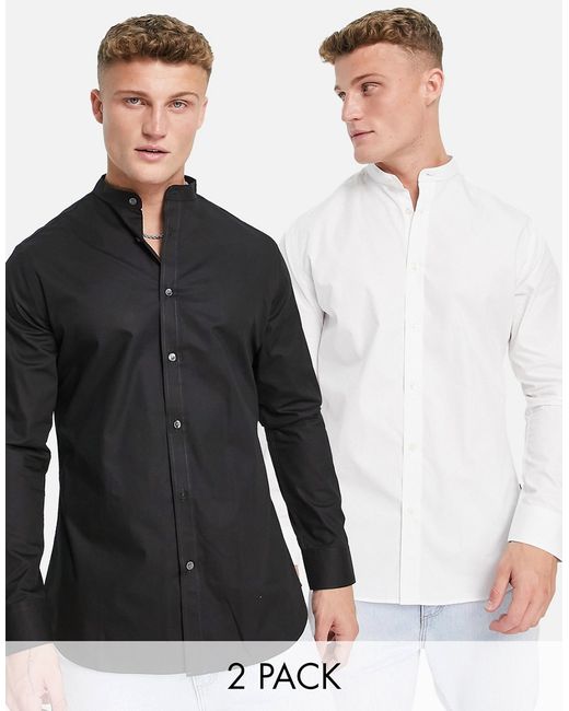 French Connection 2 pack band collar shirts in white and