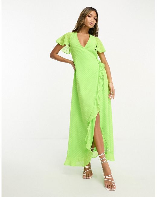Asos Design frill detail wrap maxi dress in bright lime texture-