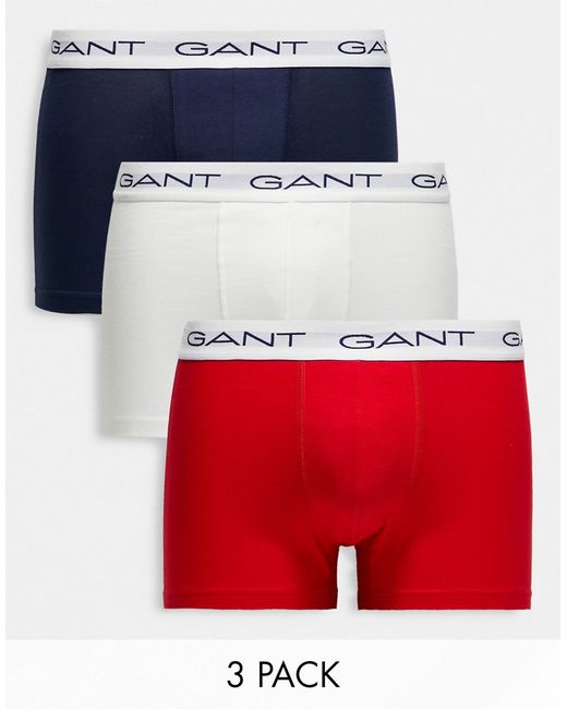 Gant 3 pack trunks in white red navy with logo waistband-
