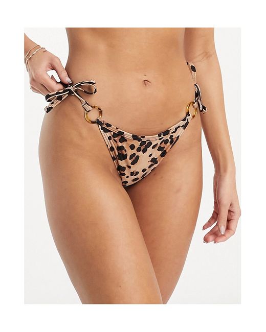 New Look leopard print tie side bikini bottoms in