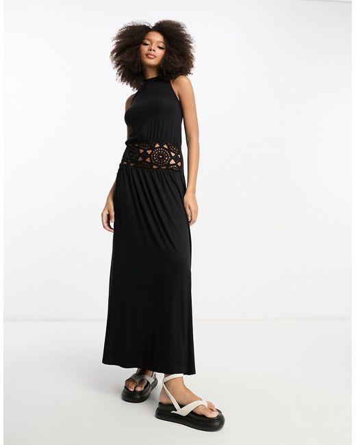Asos Design halter neck midi dress with crochet bodice in black-