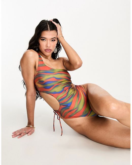 Asos Design one shoulder cut out swimsuit in heat map zebra print-