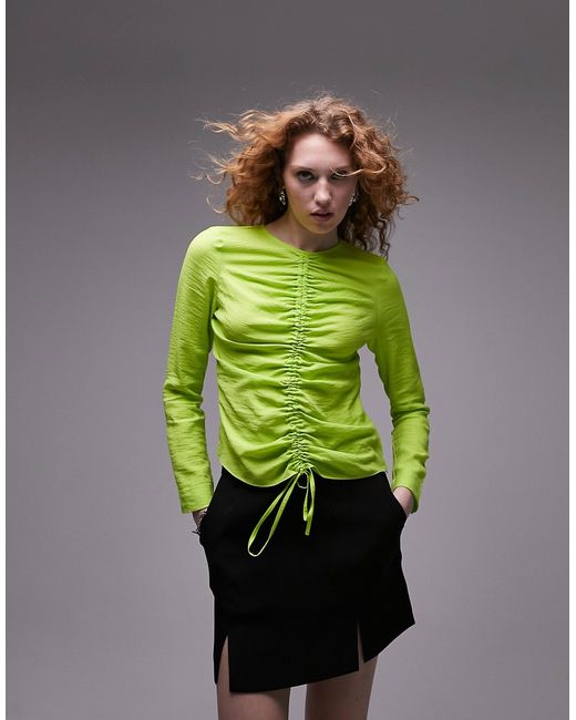 TopShop long sleeve ruched front top in lime-