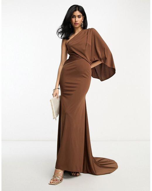 Asos Design one shoulder premium draped maxi dress with train detail in chocolate brown-