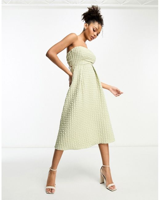 Asos Design textured bandeau cut out back with tie detail midi skater dress in sage