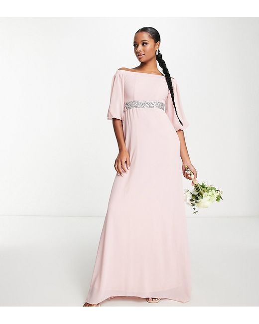 TFNC Petite bardot chiffon maxi dress with embellished waist in mauve