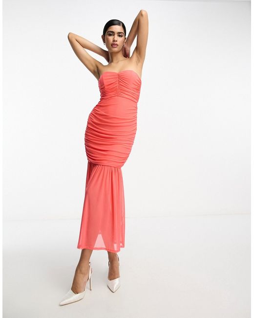 Asos Design mesh ruched body-conscious bandeau flared hem midi dress in coral-