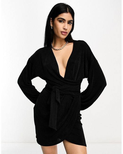 Asos Design long sleeve mini wrap dress with side tie in