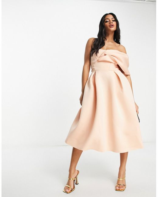 Asos Design one shoulder pleat front midi prom dress in blush-