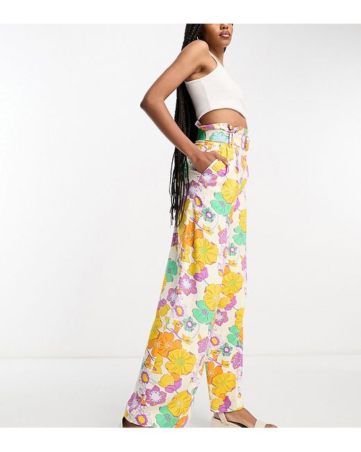 ASOS Tall DESIGN Tall linen oversized floral printed paperbag waist wide leg pants in