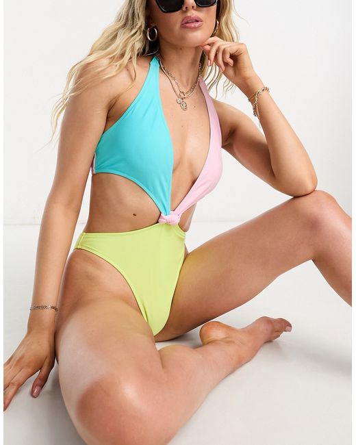 Candypants knot front cut out block swimsuit in blue pink and lime-