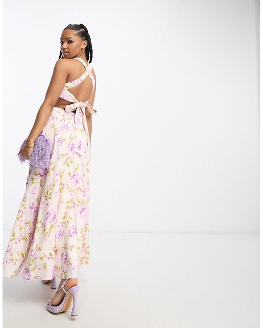 Ever New halter neck open back maxi dress in lilac floral-