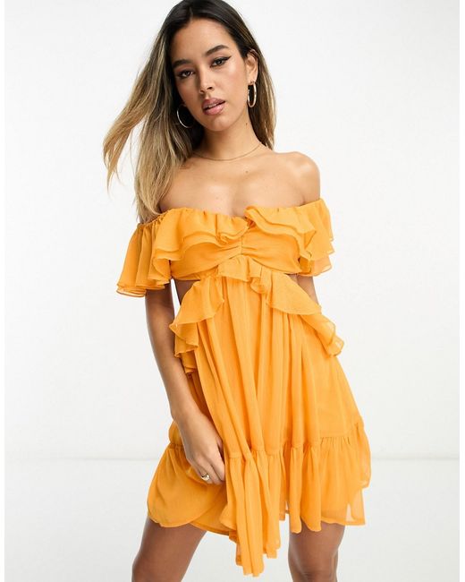 Asos Design ruffle cut out off the shoulder mini dress in