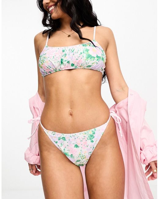 Miss Selfridge contrast gingham floral ruched bikini top-