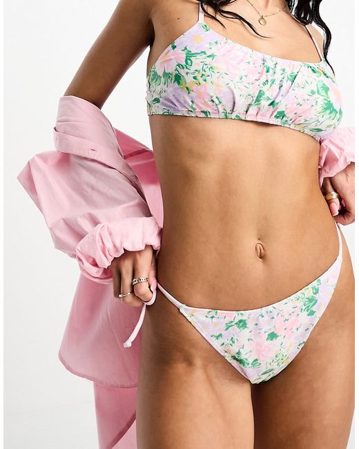 Miss Selfridge contrast gingham floral tie side bikini bottom-