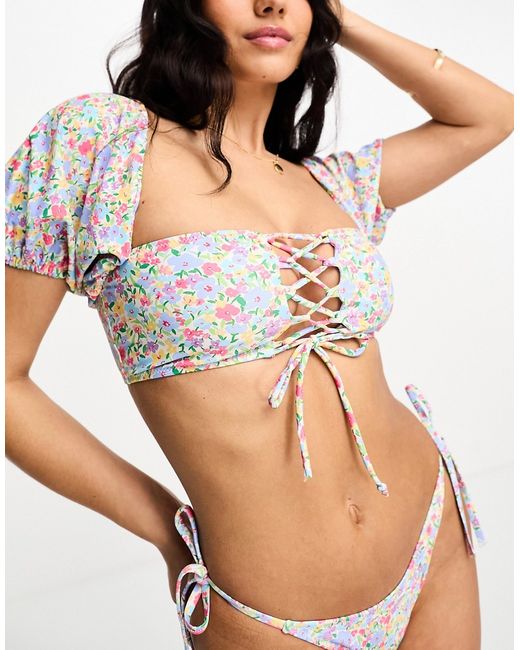 Miss Selfridge ditsy short sleeve lace up detail bikini top-