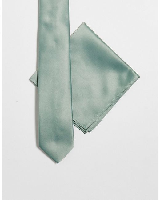 Asos Design satin slim tie and pocket square in Sage