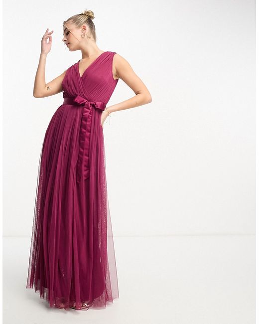 Anaya wrap front maxi tulle dress in plum