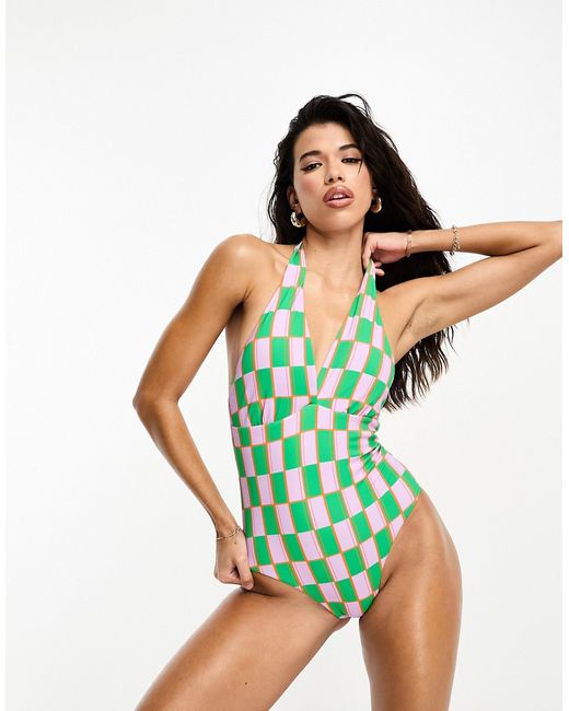 Vero Moda halterneck swimsuit in green and pink checkerboard-