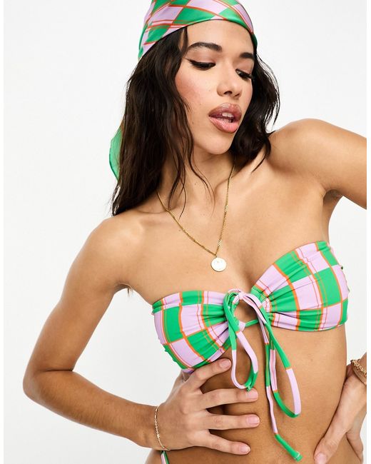 Vero Moda tie front bandeau bikini top in green and pink checkerboard-