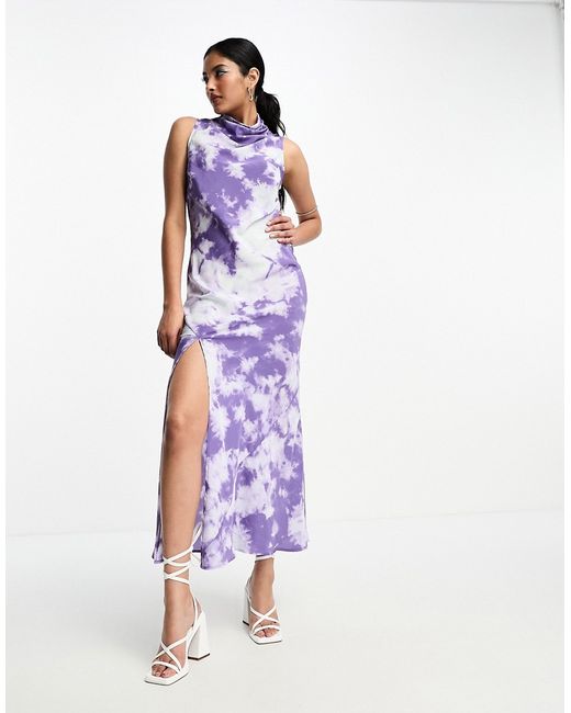 Asos Design satin sleeveless high neck midi dress with slit front in marble print-