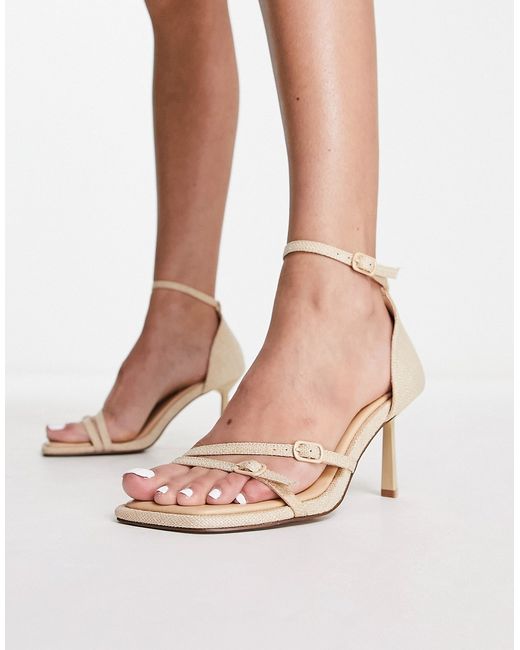 Asos Design Henley buckle detail mid heeled sandals in natural linen-
