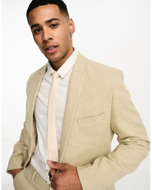 Asos Design wedding super skinny wool mix suit jacket in stone puppytooth-