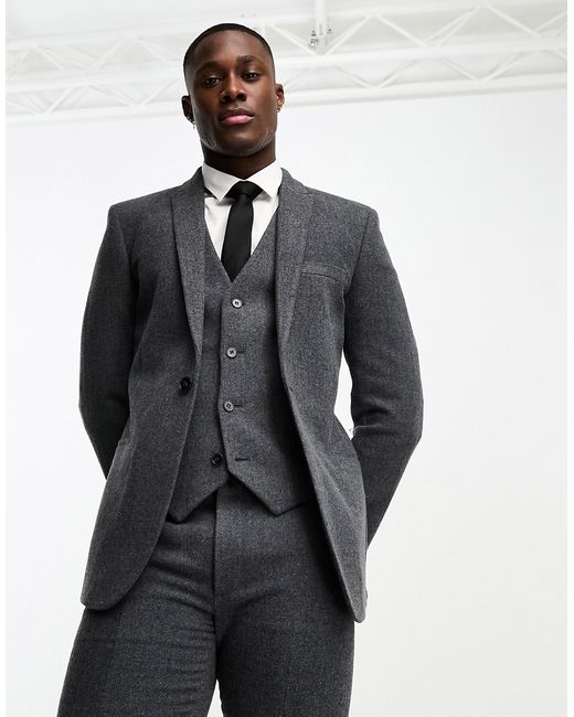 Asos Design skinny wool mix suit jacket in herringbone charcoal-